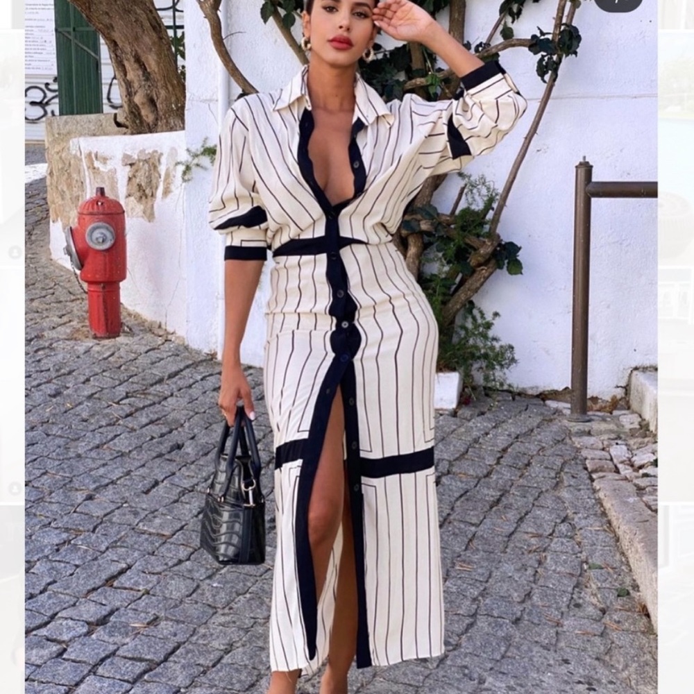 Zara Cream and Black Striped Maxi Shirt Dress